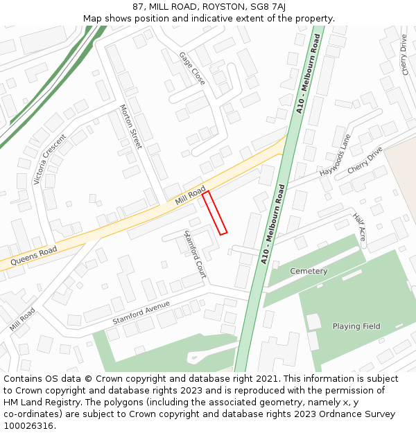 87, MILL ROAD, ROYSTON, SG8 7AJ: Location map and indicative extent of plot