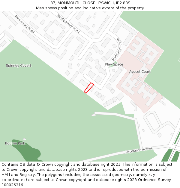 87, MONMOUTH CLOSE, IPSWICH, IP2 8RS: Location map and indicative extent of plot