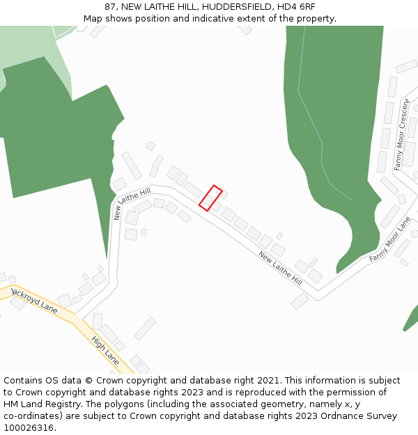 87, NEW LAITHE HILL, HUDDERSFIELD, HD4 6RF: Location map and indicative extent of plot