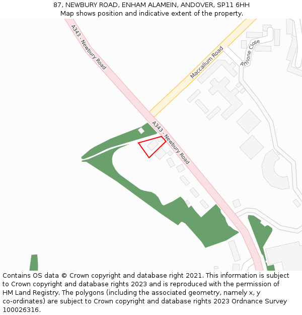 87, NEWBURY ROAD, ENHAM ALAMEIN, ANDOVER, SP11 6HH: Location map and indicative extent of plot