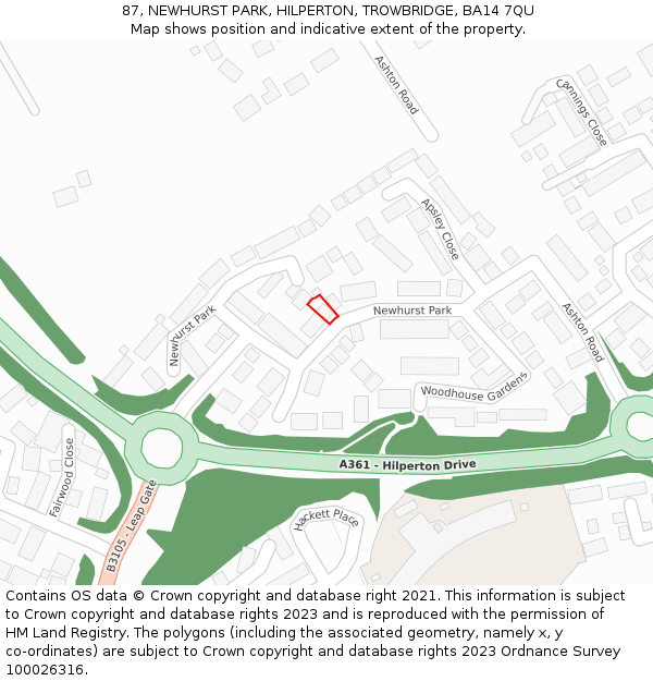 87, NEWHURST PARK, HILPERTON, TROWBRIDGE, BA14 7QU: Location map and indicative extent of plot