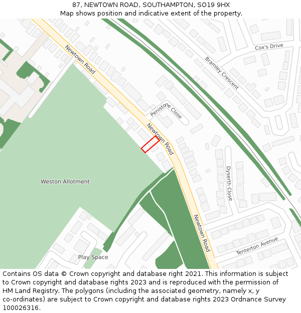 87, NEWTOWN ROAD, SOUTHAMPTON, SO19 9HX: Location map and indicative extent of plot