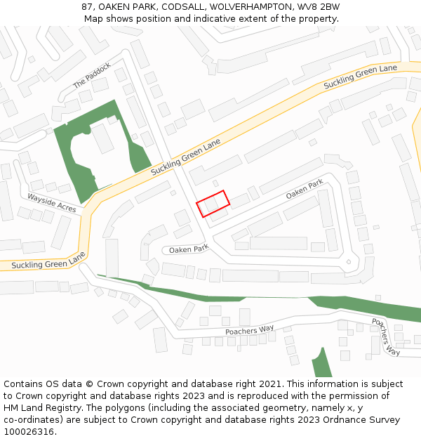 87, OAKEN PARK, CODSALL, WOLVERHAMPTON, WV8 2BW: Location map and indicative extent of plot