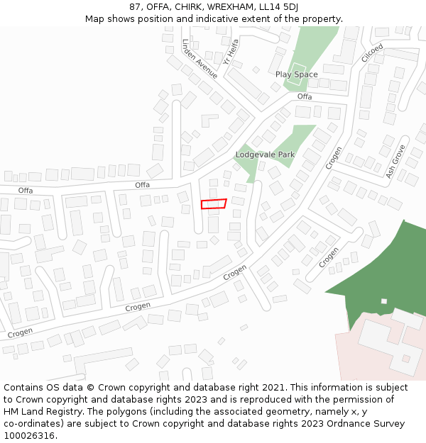 87, OFFA, CHIRK, WREXHAM, LL14 5DJ: Location map and indicative extent of plot