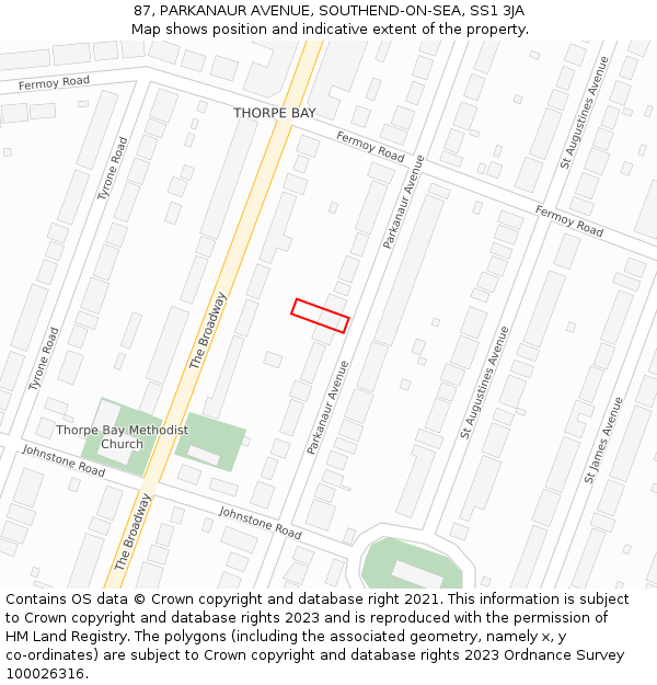 87, PARKANAUR AVENUE, SOUTHEND-ON-SEA, SS1 3JA: Location map and indicative extent of plot