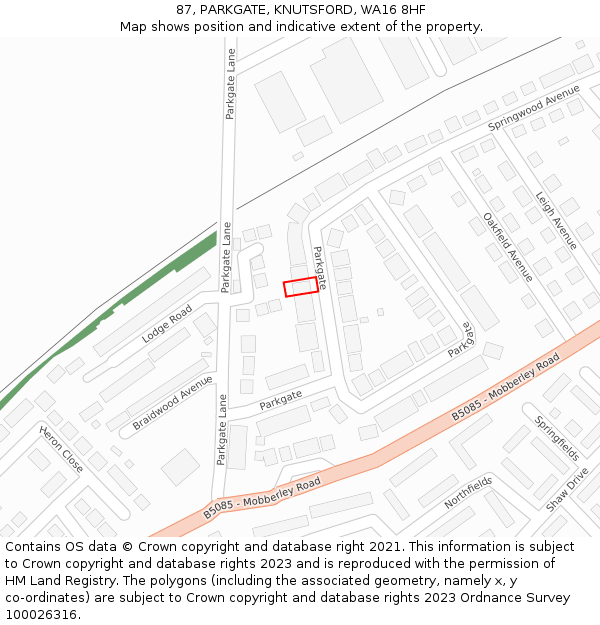 87, PARKGATE, KNUTSFORD, WA16 8HF: Location map and indicative extent of plot
