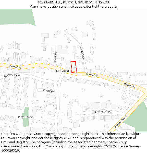 87, PAVENHILL, PURTON, SWINDON, SN5 4DA: Location map and indicative extent of plot