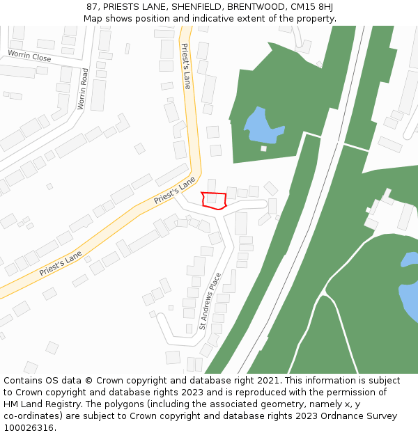 87, PRIESTS LANE, SHENFIELD, BRENTWOOD, CM15 8HJ: Location map and indicative extent of plot