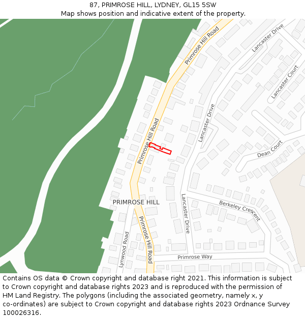 87, PRIMROSE HILL, LYDNEY, GL15 5SW: Location map and indicative extent of plot