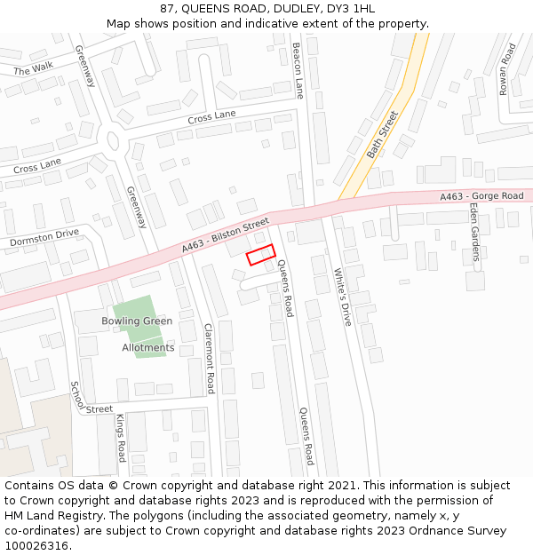 87, QUEENS ROAD, DUDLEY, DY3 1HL: Location map and indicative extent of plot