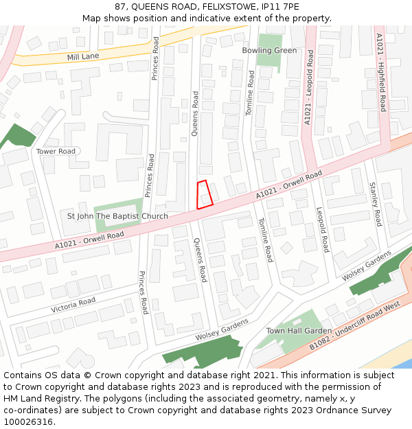 87, QUEENS ROAD, FELIXSTOWE, IP11 7PE: Location map and indicative extent of plot