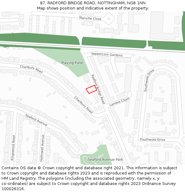 87, RADFORD BRIDGE ROAD, NOTTINGHAM, NG8 1NN: Location map and indicative extent of plot