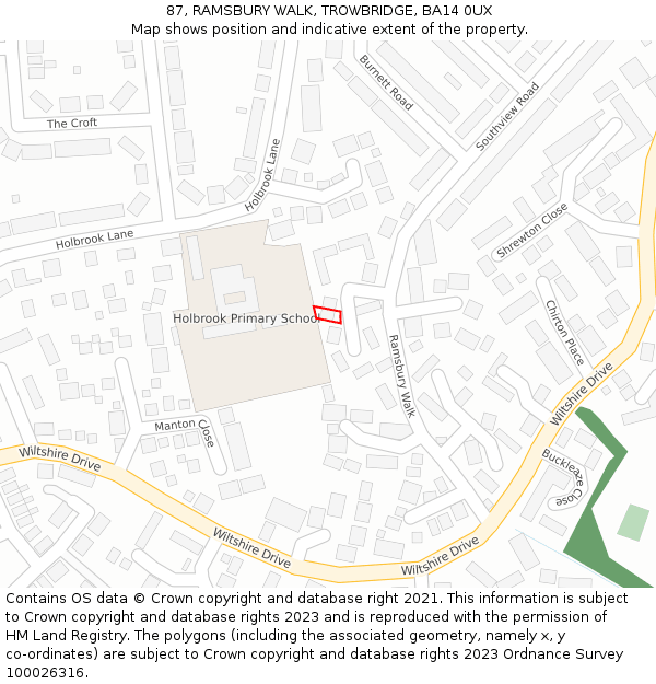 87, RAMSBURY WALK, TROWBRIDGE, BA14 0UX: Location map and indicative extent of plot