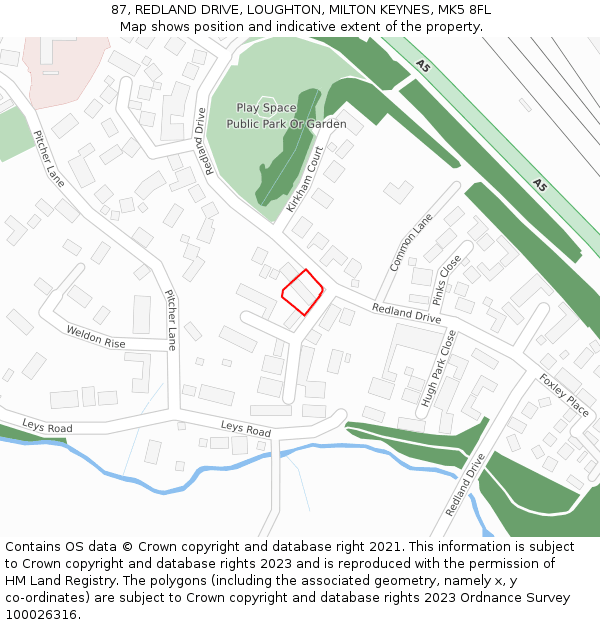 87, REDLAND DRIVE, LOUGHTON, MILTON KEYNES, MK5 8FL: Location map and indicative extent of plot