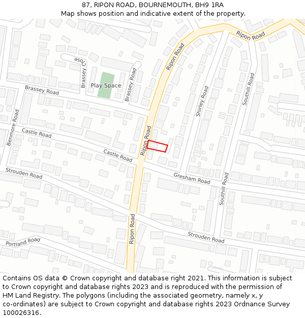 87, RIPON ROAD, BOURNEMOUTH, BH9 1RA: Location map and indicative extent of plot