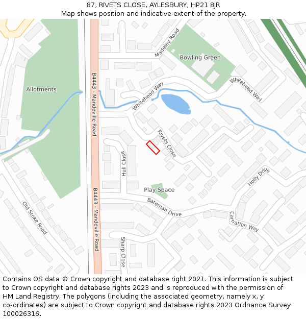 87, RIVETS CLOSE, AYLESBURY, HP21 8JR: Location map and indicative extent of plot