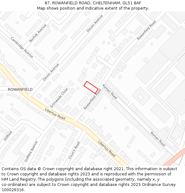 87, ROWANFIELD ROAD, CHELTENHAM, GL51 8AF: Location map and indicative extent of plot