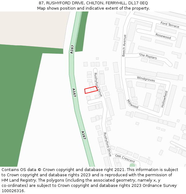 87, RUSHYFORD DRIVE, CHILTON, FERRYHILL, DL17 0EQ: Location map and indicative extent of plot