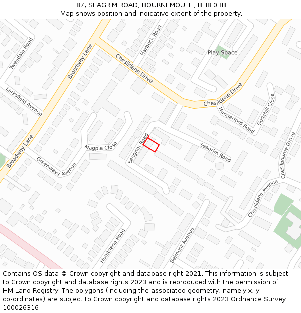 87, SEAGRIM ROAD, BOURNEMOUTH, BH8 0BB: Location map and indicative extent of plot