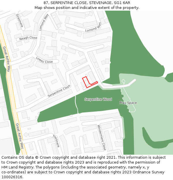 87, SERPENTINE CLOSE, STEVENAGE, SG1 6AR: Location map and indicative extent of plot