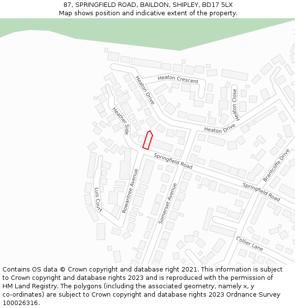 87, SPRINGFIELD ROAD, BAILDON, SHIPLEY, BD17 5LX: Location map and indicative extent of plot
