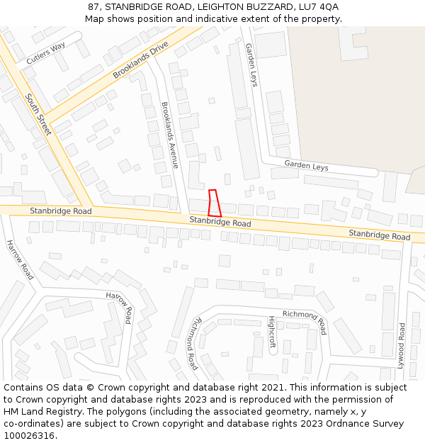 87, STANBRIDGE ROAD, LEIGHTON BUZZARD, LU7 4QA: Location map and indicative extent of plot