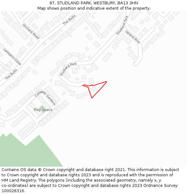 87, STUDLAND PARK, WESTBURY, BA13 3HN: Location map and indicative extent of plot