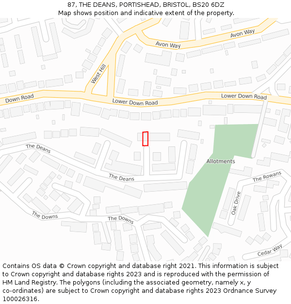 87, THE DEANS, PORTISHEAD, BRISTOL, BS20 6DZ: Location map and indicative extent of plot