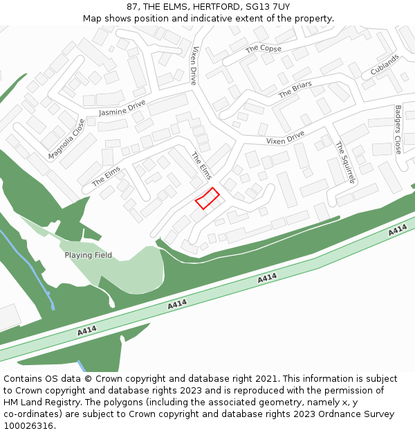 87, THE ELMS, HERTFORD, SG13 7UY: Location map and indicative extent of plot