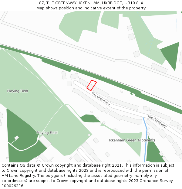 87, THE GREENWAY, ICKENHAM, UXBRIDGE, UB10 8LX: Location map and indicative extent of plot