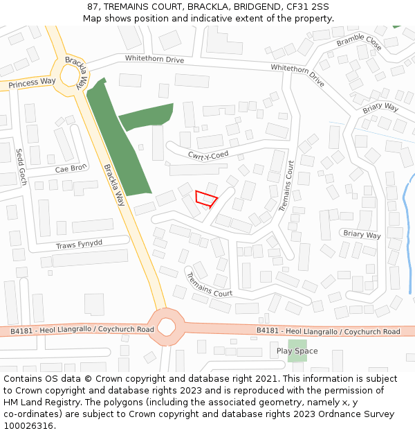 87, TREMAINS COURT, BRACKLA, BRIDGEND, CF31 2SS: Location map and indicative extent of plot