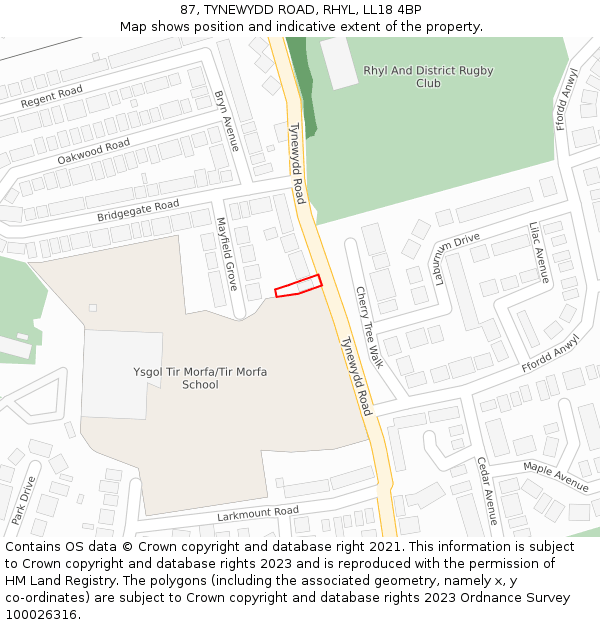 87, TYNEWYDD ROAD, RHYL, LL18 4BP: Location map and indicative extent of plot