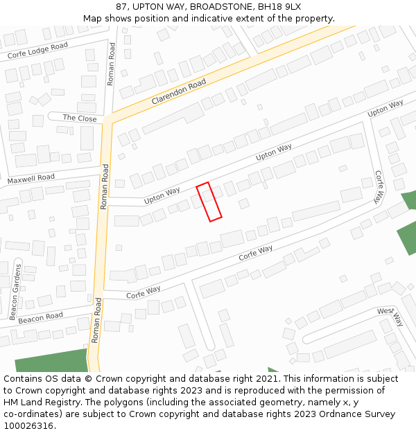 87, UPTON WAY, BROADSTONE, BH18 9LX: Location map and indicative extent of plot