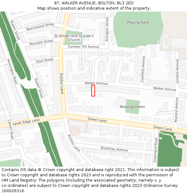 87, WALKER AVENUE, BOLTON, BL3 2ED: Location map and indicative extent of plot