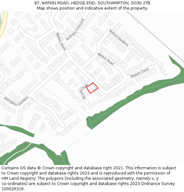 87, WATKIN ROAD, HEDGE END, SOUTHAMPTON, SO30 2TB: Location map and indicative extent of plot