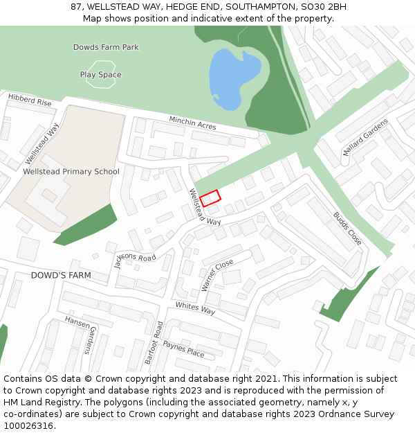87, WELLSTEAD WAY, HEDGE END, SOUTHAMPTON, SO30 2BH: Location map and indicative extent of plot