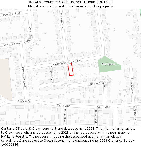 87, WEST COMMON GARDENS, SCUNTHORPE, DN17 1EJ: Location map and indicative extent of plot