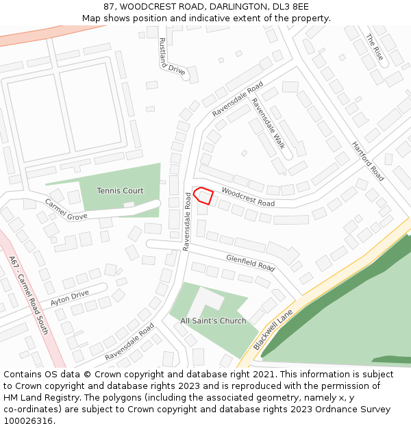 87, WOODCREST ROAD, DARLINGTON, DL3 8EE: Location map and indicative extent of plot