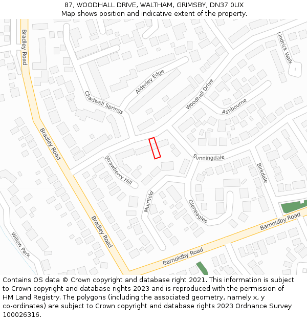 87, WOODHALL DRIVE, WALTHAM, GRIMSBY, DN37 0UX: Location map and indicative extent of plot