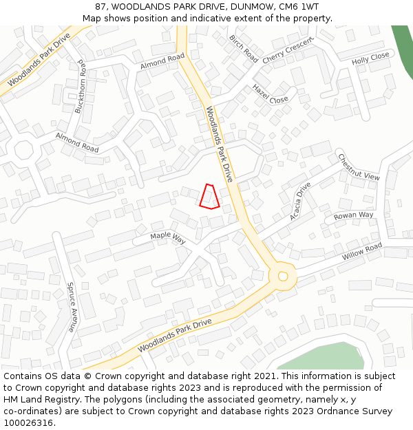 87, WOODLANDS PARK DRIVE, DUNMOW, CM6 1WT: Location map and indicative extent of plot