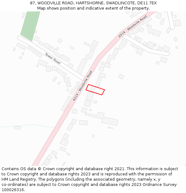 87, WOODVILLE ROAD, HARTSHORNE, SWADLINCOTE, DE11 7EX: Location map and indicative extent of plot