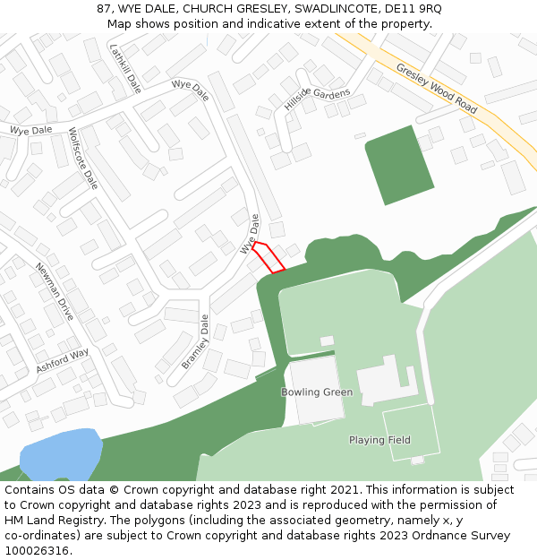 87, WYE DALE, CHURCH GRESLEY, SWADLINCOTE, DE11 9RQ: Location map and indicative extent of plot