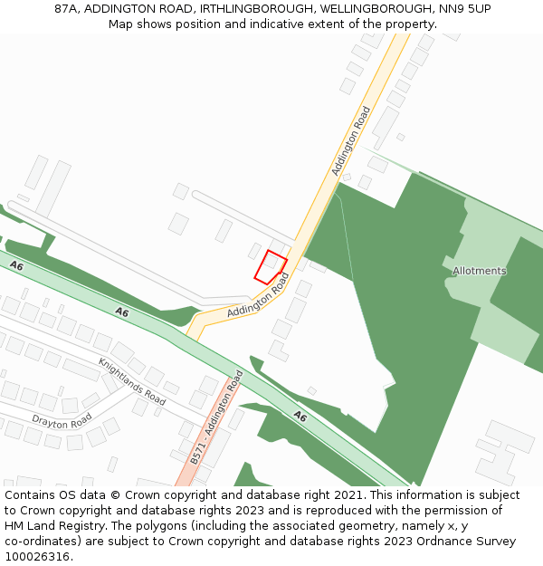 87A, ADDINGTON ROAD, IRTHLINGBOROUGH, WELLINGBOROUGH, NN9 5UP: Location map and indicative extent of plot