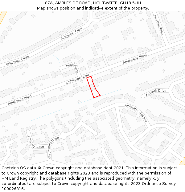 87A, AMBLESIDE ROAD, LIGHTWATER, GU18 5UH: Location map and indicative extent of plot