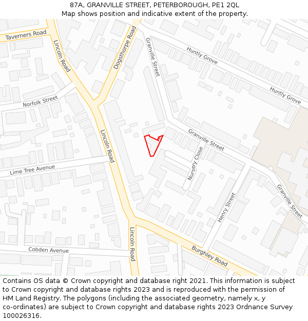 87A, GRANVILLE STREET, PETERBOROUGH, PE1 2QL: Location map and indicative extent of plot