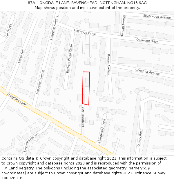 87A, LONGDALE LANE, RAVENSHEAD, NOTTINGHAM, NG15 9AG: Location map and indicative extent of plot