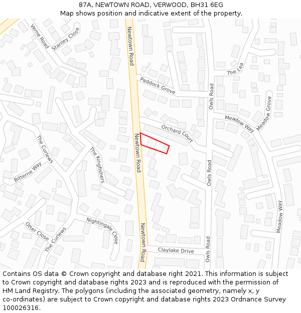 87A, NEWTOWN ROAD, VERWOOD, BH31 6EG: Location map and indicative extent of plot