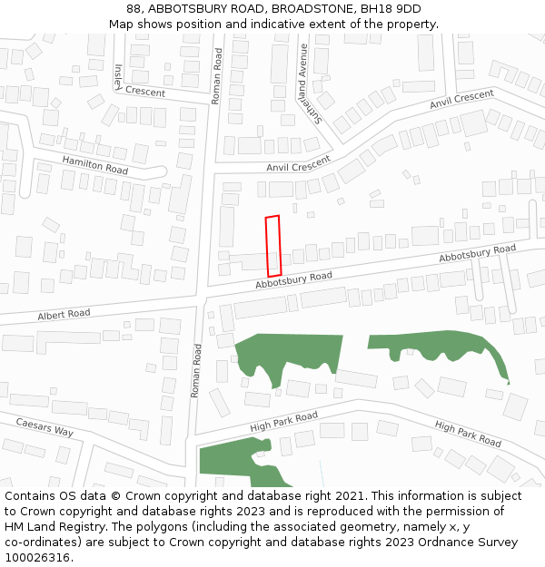 88, ABBOTSBURY ROAD, BROADSTONE, BH18 9DD: Location map and indicative extent of plot