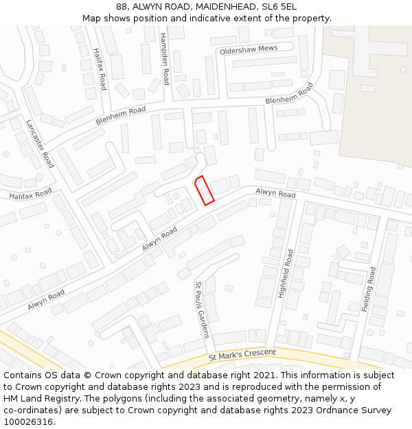 88, ALWYN ROAD, MAIDENHEAD, SL6 5EL: Location map and indicative extent of plot