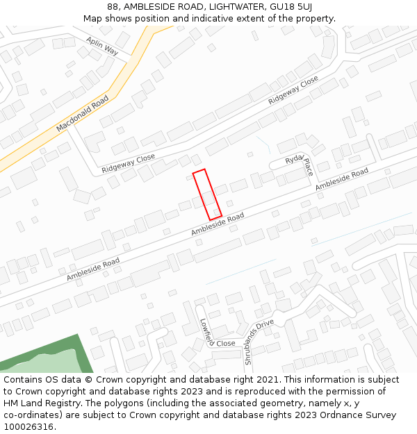 88, AMBLESIDE ROAD, LIGHTWATER, GU18 5UJ: Location map and indicative extent of plot